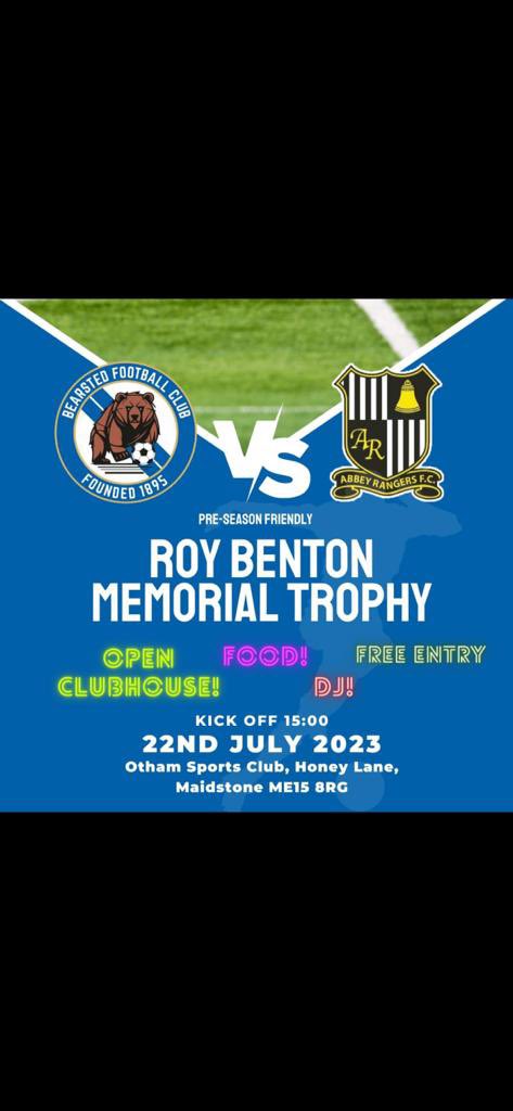 Bearsted_FC's tweet photo. Come along Saturday and support the bears in memory of Roy Benton. Roy was a hero for the club and we want as many people there showing support for a memorial game in his honour against @fc_abbeyrangers this Saturday #UTB🐻🔵⚪️ https://t.co/wVyEXmYArd