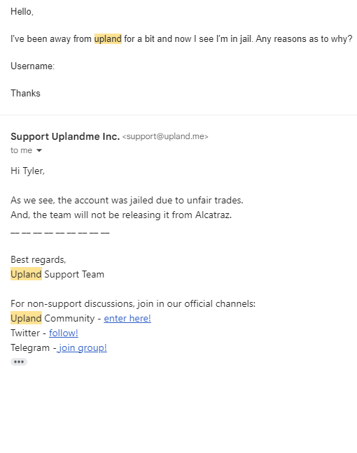 Never_Stop247's tweet photo. Jailed for "unfair trades", how is a trade unfair? Spent thousands of dollars on Spark too. This is blatant fraud. Wild. @UplandMe #Metaverse #upland https://t.co/9aNYjsGvk9