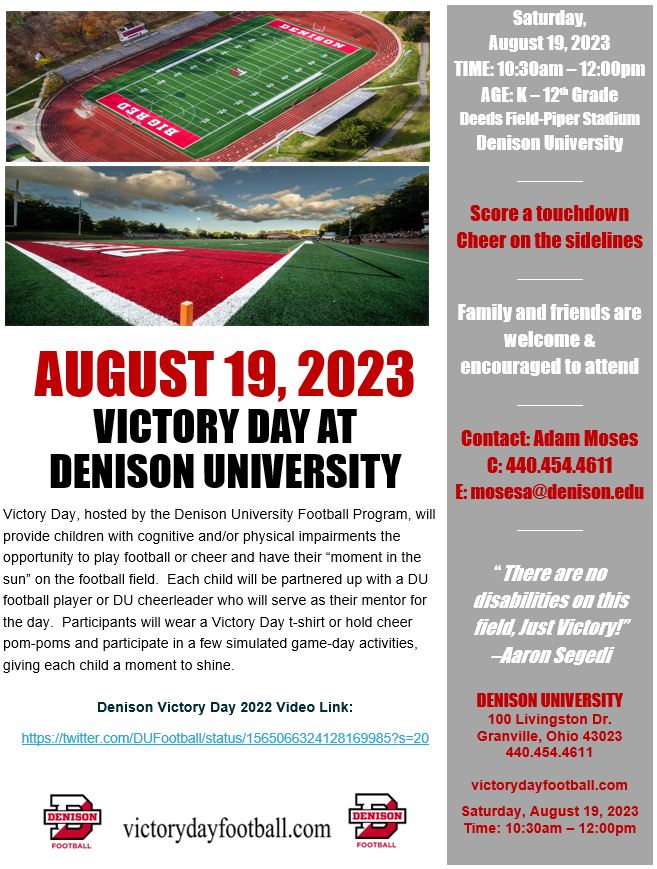DUFootball's tweet photo. Denison Football is hosting Victory Day on August 19! Victory Day will provide children who have cognitive and/or physical impairments the opportunity to play football or cheer &amp; have their “moment in the sun." Please see the images for more info &amp; the permission slip to register https://t.co/l3q5dE8kFd