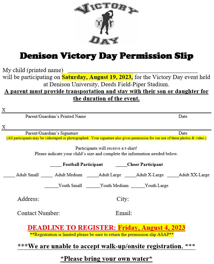 DUFootball's tweet photo. Denison Football is hosting Victory Day on August 19! Victory Day will provide children who have cognitive and/or physical impairments the opportunity to play football or cheer &amp; have their “moment in the sun." Please see the images for more info &amp; the permission slip to register https://t.co/l3q5dE8kFd