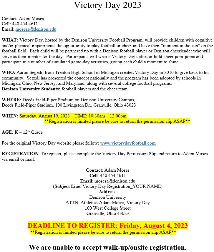 DUFootball's tweet photo. Denison Football is hosting Victory Day on August 19! Victory Day will provide children who have cognitive and/or physical impairments the opportunity to play football or cheer &amp; have their “moment in the sun." Please see the images for more info &amp; the permission slip to register https://t.co/l3q5dE8kFd