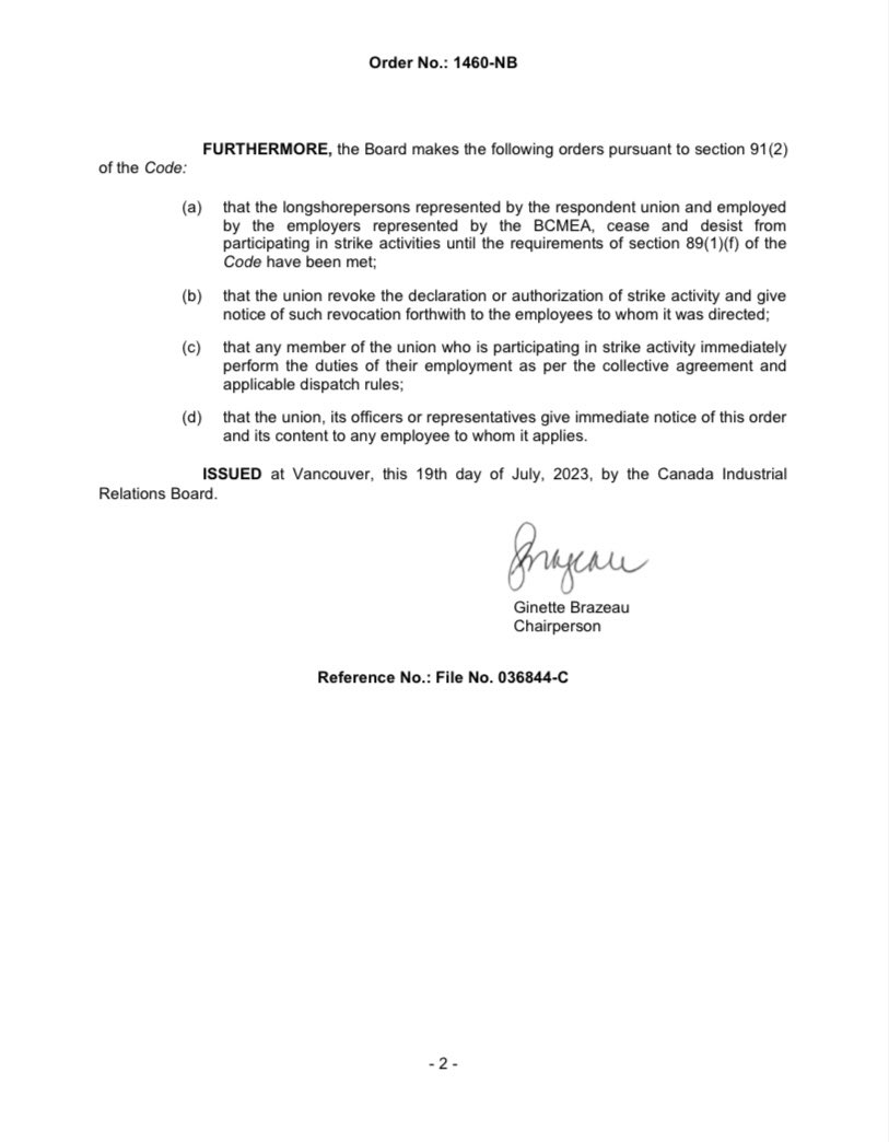 SeamusORegan's tweet photo. The Canada Industrial Relations Board (CIRB) - an independent body created to keep industrial peace - this morning ruled that the ILWU Canada cease and desist from participating in any strike action because the union did not provide 72 hours notice.

This strike is illegal. https://t.co/y8NuxjDmR8