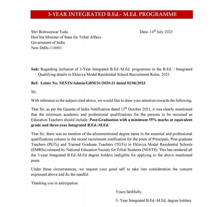 PrabhudattaDeh2's tweet photo. Respected Sir  @MundaArjun @Bishweswar_Tudu @nests_emrs @EduMinOfIndia please add 3 year Integrated B.Ed.-M.Ed. degree in EMRS recruitment rules 2023 &amp; also in Qualifications stage of online application. https://t.co/2eq3A6zpAg