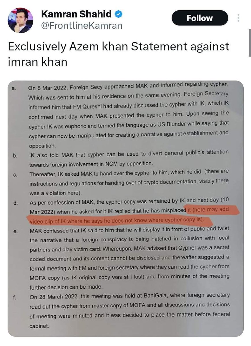 fd7861's tweet photo. *کامران شاہد والی کہانی کا جن کو ابھی تک علم نہیں انکے لئے دوبارہ شیئر کر رہی ہوں*👇👇

 *کامران شاہد اور حامد میر کو اعظم خان کے متعلق ایک سکرپٹ واٹس ایپ کی گئی، جس میں "ہدایات" دی گئی تھیں، دونوں نے سمجھا کہ شاید وہ اعظم خان کی سٹیٹمنٹ ہے اور بغیر پڑھے سکرپٹ ہی ٹویٹ کر دیا*

*اعظم خان نے پیراگراف ڈی میں ہدایات دیتے ہوئے کہا کہ اس کے بعد عمران خان کی وڈیو چلانی ہے*