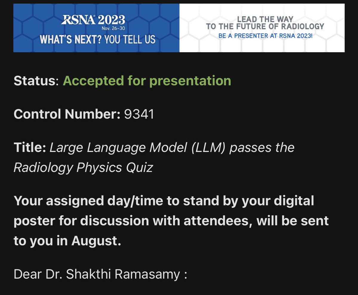 ChatGPT passes the Radiology Physics Quiz 🧲📝

Thrilled to have our abstract on LLM be accepted for presentation at @RSNA 2023 🧑‍🏫

@DaniaDaye @StanfordRad @StanfordAIMI  @OpenAI @gdb @StanfordMIPS #RSNA23 #chatgpt