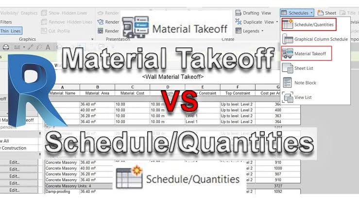 Material takeoff schedules list the sub-components or materials of any Revit Architecture family. Material takeoff schedules have all the functionality and characteristics of other schedule views, but they allow you to show more detail about the assembly of a component.