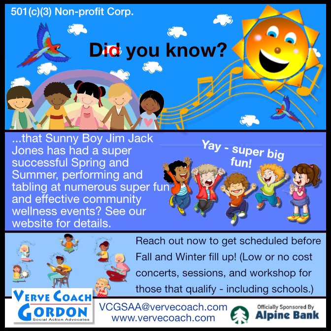 Did you know!
vervecoach.com 

Sunny Boy free streams here: gordontunes.com/sunny-boy-jim-…

#sunnyboyjimjackjones #sbjjj #love #youthwellness #unity #VerveCoachGordonSocialActionAdvocates #VCGSAA #gordontunes #AlpineBankColorado #membership #belonging #membershipandbelonging