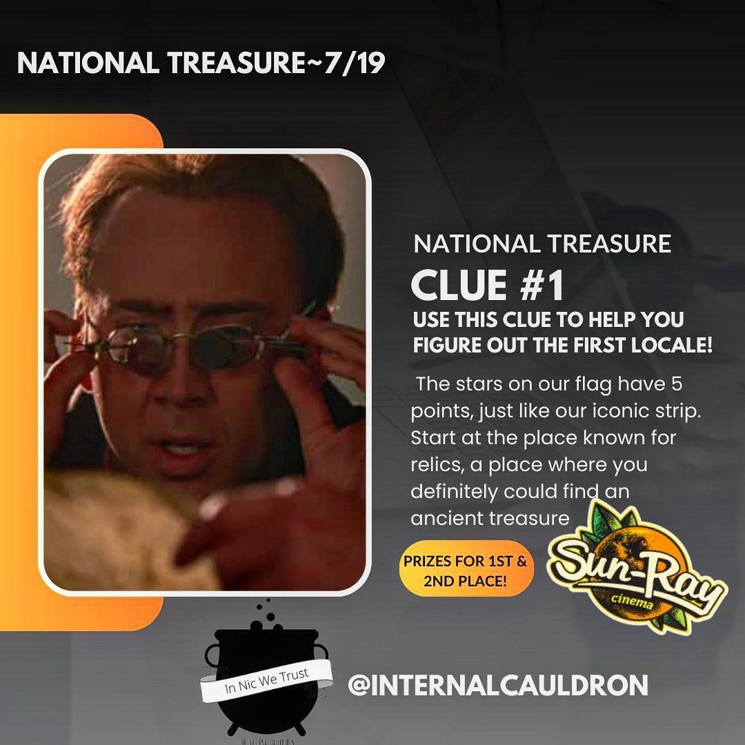 internal_cauld's tweet photo. Alright Cauldronites! We’re posting the 1st clue of our real life treasure hunt! This clue will lead you to the 1st locale and next clue. Prizes for 1st &amp; 2nd place hunters, so don’t blurt out a guess in the comments 😂 Hunt starts at 6:00 &amp;  movie at 6:45. 
#NicolasCage #movie https://t.co/XdJTUGlLiI