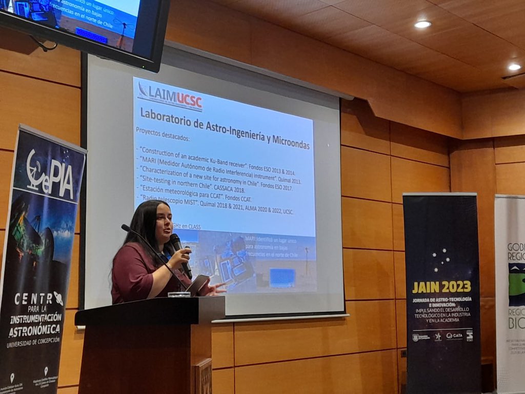 Lab_Astro_UCSC's tweet image. Nuestra tesista Cinthia Altamirano de @electrica_ucsc exponiendo sobre los avances realizados por LAIM en la Jornada de Astro-Tecnología e Innovación JAIN 2023 organizada por @CePIA_UdeC