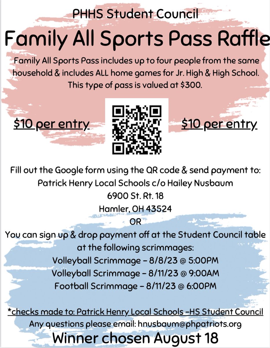 <a href="/PHHS_SC/">Student Council</a> is hosting a raffle for a Family All Sports Pass. Check out the flyer below for more information! Any questions please email me at: hnusbaum@phpatriots.org!

<a href="/phls_supt/">Dr. Josh Biederstedt</a> <a href="/PHPatriotsHS/">Patrick Henry High School</a> <a href="/ph_patriots1/">Patrick Henry Athletics</a>