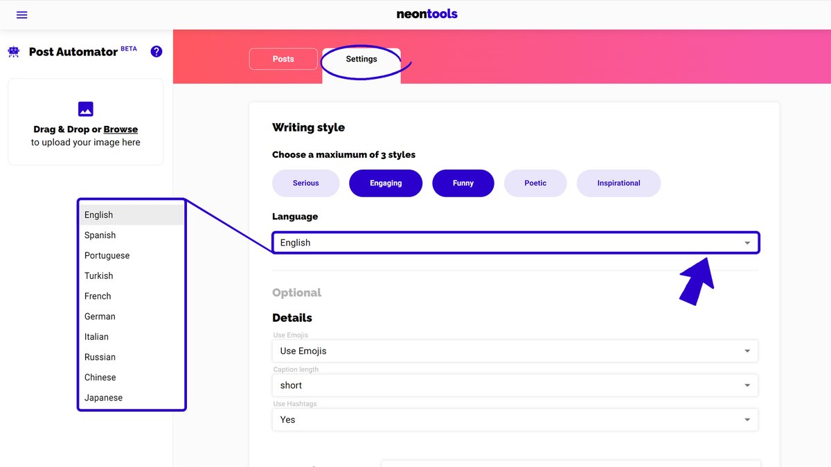 Quick update: Post Automator is now available in 10 languages ⚠️

Go to your Post Automator settings over at neontools.io and train it in the language you prefer 🗣️
