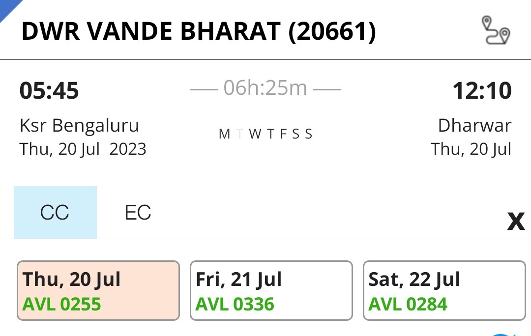 yash9990's tweet photo. Clearly the Vande Bharat train Dharwad-Bangalore is not a great success. No one would want to travel entire day and reach BLR at 8pm* The timings should have been other way round. This will help many commuters to utilise the day and return back to their homes.
@RailMinIndia https://t.co/cTthlw8JVo