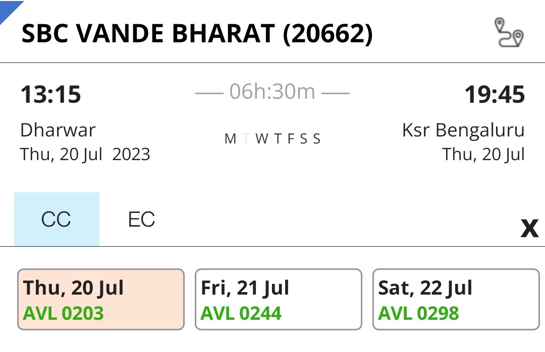 yash9990's tweet photo. Clearly the Vande Bharat train Dharwad-Bangalore is not a great success. No one would want to travel entire day and reach BLR at 8pm* The timings should have been other way round. This will help many commuters to utilise the day and return back to their homes.
@RailMinIndia https://t.co/cTthlw8JVo
