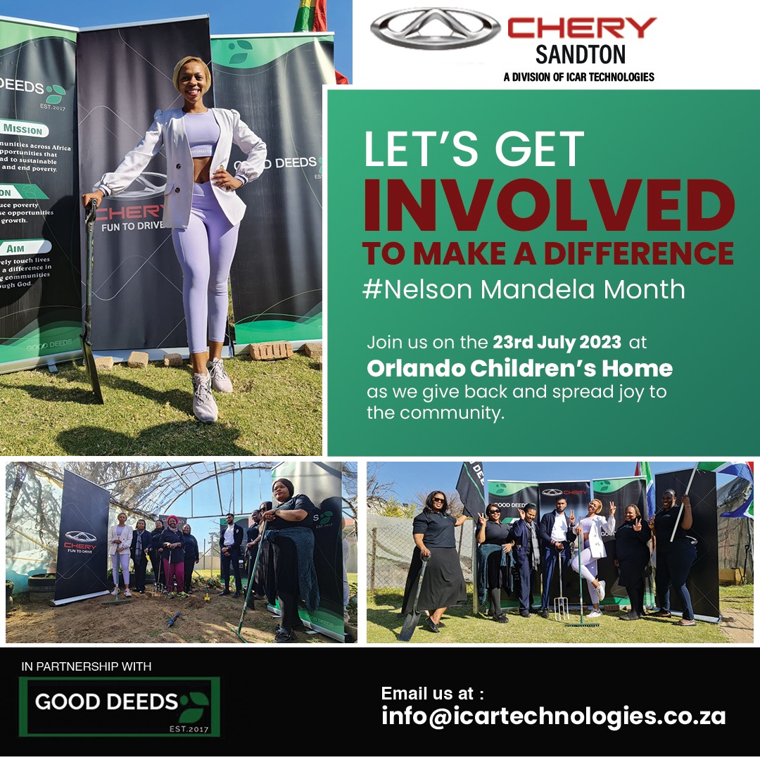 Let's get involved to make a difference. #NelsonMandelaMonth

Join us on the 23rd of July 2023 at the Orlando Children's Home as we give back and spread joy to the community.

#MandelaDay #icartechnologies #digicarssa #olgarsauto #makeafriend #helpsomeone #donate