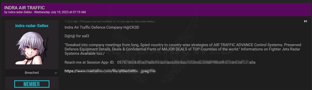 #Spain 🇪🇸 - Allegedly, Data of Indra are on sale

Threat actor claims to have sneaked into company meetings, spied on Indra Air Traffic Control Systems and captured data.

#DarkWeb
