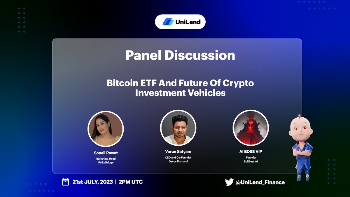 Attention #crypto enthusiasts📣

Mark your calendars for LIVE Panel Discussion with <a href="/realpolkabridge/">PolkaBridge</a> <a href="/Davos_Protocol/">Davos | Stablecoin Protocol</a> &amp; <a href="/bullbear_ai/">BullBear AI | AIBB 97% Supply Burned🔥</a> in UniLend Twitter Community🎙️

💬Agenda: Bitcoin ETF &amp; Future of Crypto Investment Vehicles

🕕 21st July, 2 PM UTC

Venue➡️x.com/i/spaces/1MYxN…