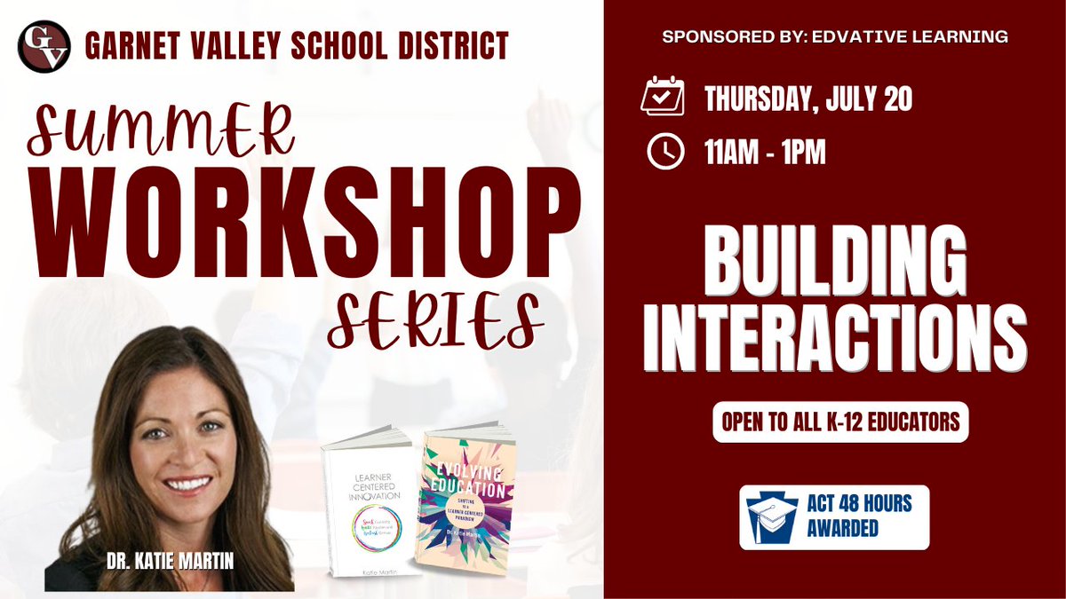 Edvative Learning (@edvative) on Twitter photo We're only 1 day away from our next workshop. Join us & <a href="/GarnetValleySD/">Garnet Valley SD</a> tomorrow morning as we explore the power of Building Interactions in education with <a href="/katiemartinedu/">Katie Martin</a> Gain insights & strategies to create meaningful learning experiences. Register now ! bit.ly/3Dad1jr We're only 1 day away from our next workshop. Join us & <a href="/GarnetValleySD/">Garnet Valley SD</a> tomorrow morning as we explore the power of Building Interactions in education with <a href="/katiemartinedu/">Katie Martin</a> Gain insights & strategies to create meaningful learning experiences. Register now ! bit.ly/3Dad1jr