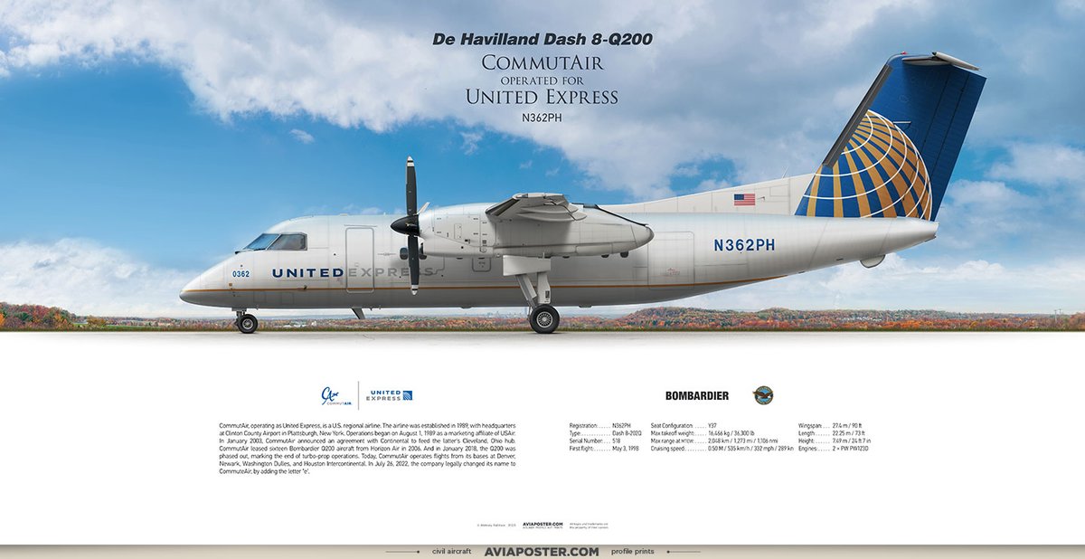 Rulexy2's tweet photo. De Havilland Dash 8-Q200 CommutAir
opf United Express
Registration: N362PH
Type: Dash 8-202Q
Engines: 2 × PW PW123D
Serial №: 518
First flight: May 3, 1998
Poster for Aviators
https://t.co/pnIiTmFJwU
#airliners #aircraft #pilots #Dash8 #dhc8 #QSeries #regionalairline #TTail https://t.co/phXweejSbO