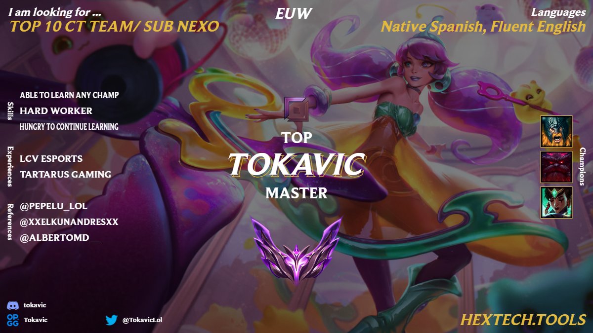 Aprovecho el fin de split de rankeds para ponerme LFT  de cara al próximo split de CT. Puedo aportar vods de mis últimos games. RT appreciated🤍