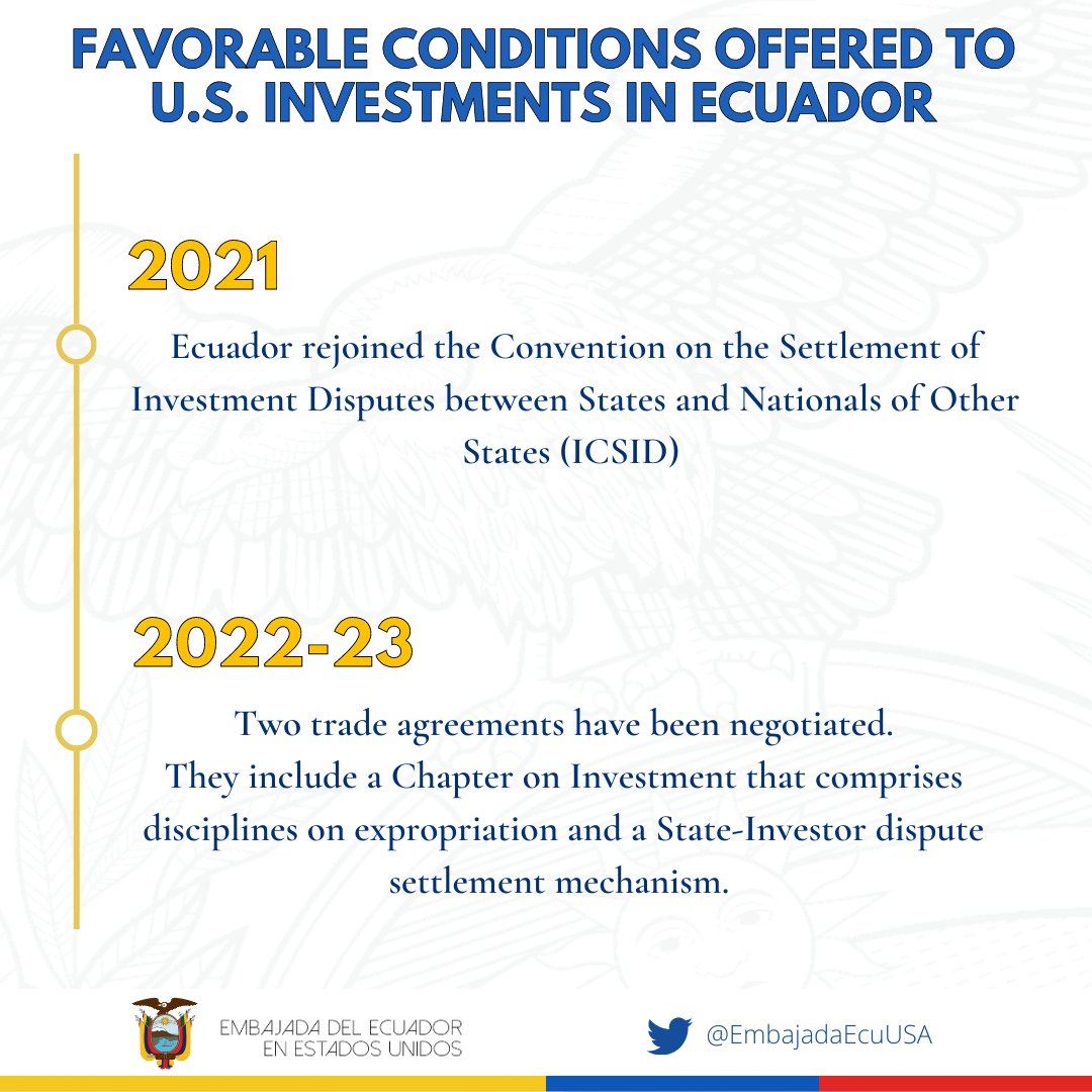 EmbajadaEcuUSA's tweet photo. Ecuador has been working hard to generate sufficient guarantees for foreign investors! The adoption of the IDEA’s Act will reinforce this 🌐💪#IDEAAct @Produccion_Ecu
@amchamec
@CEIPA_Ecuador
@Fedexpor https://t.co/AZd4lS1uaD