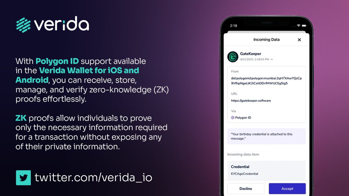Verida_io's tweet image. With #PolygonID support in the self-custody mobile Verida Wallet you can receive, store, manage, and verify zero-knowledge proofs.

#ZK proofs allow individuals to prove only the necessary information required for a transaction without exposing any of their #private information.