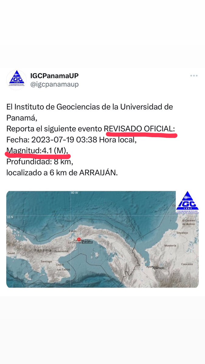 luedomora's tweet photo. Sismo 4.1 (M) revisado oficial de @igcpanamaup 
03:38 hora local de Panamá del 19-Jul-2023.
Profundidad: 8 km.
@ComiteTsunami https://t.co/Cc1fOSUBHd