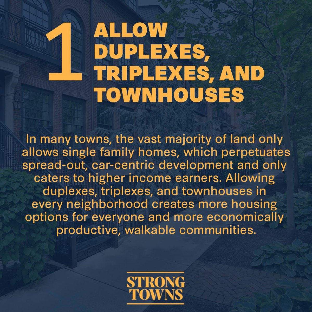 StrongTowns's tweet image. How can we make housing more affordable? Or downtowns more walkable? Neighborhood streets safe and accessible? Cities economically productive and resilient so they can fund services and infrastructure? Here are a few ideas to share with fellow residents and public officials! 1/2