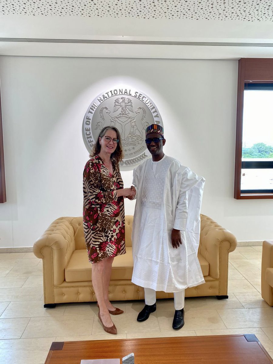 GERinNigeria's tweet photo. Ambassador @AnnettInes was warmly welcomed today by the National Security Advisor @NuhuRibadu to discuss 🇩🇪-🇳🇬 collaboration in the security sector - including stabilization efforts in #NENigeria, @NPFReformOffice and the new Preventive Stabilization Facility in the North-West 🤝 https://t.co/95eLx5u8dw