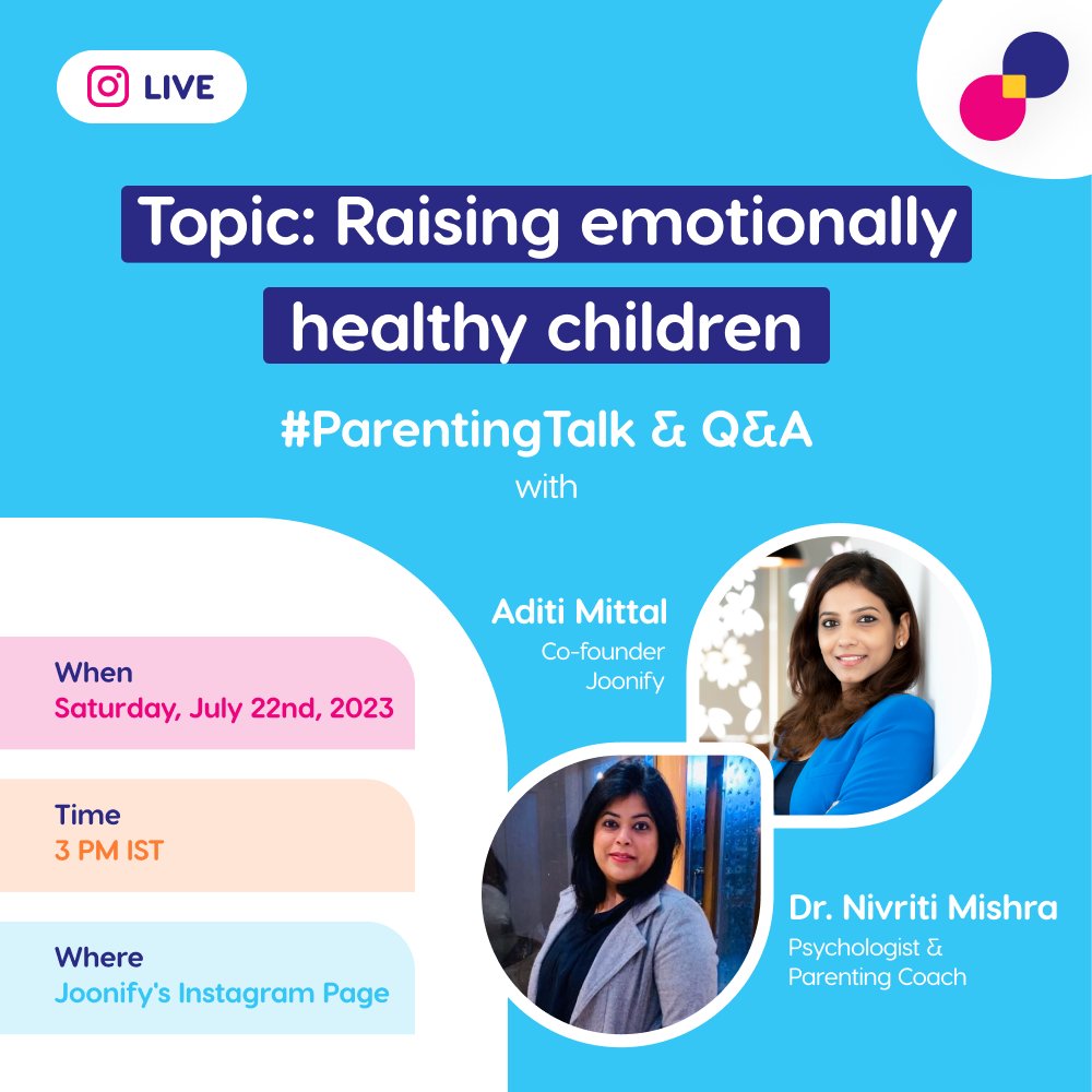 Joonify1's tweet photo. Hey #ParentingTwitter 👋

Come join Aditi &amp; @nivritigroverm1 on July 22nd at 3 PM IST as we discuss 'Raising Emotionally Healthy Children'. 

Bring your questions, and your friends.
See you at https://t.co/KbB8cNiQ4p

#EmotionalIntelligence https://t.co/9eqQDx9v7b