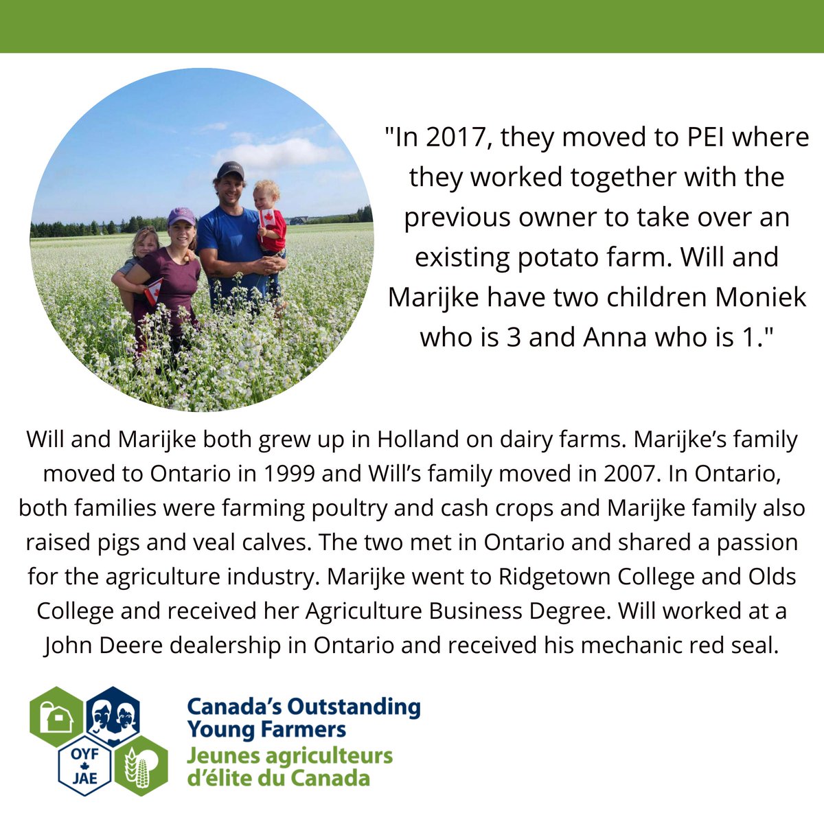 We are pleased to announce the 2023 Atlantic Outstanding Young Farmers Marijke Oudshoon and Willem van de Wetering of Spud Isle Farms, PEI! 

We will see these two at our national event this fall. 👍

#COYF #COYF2023