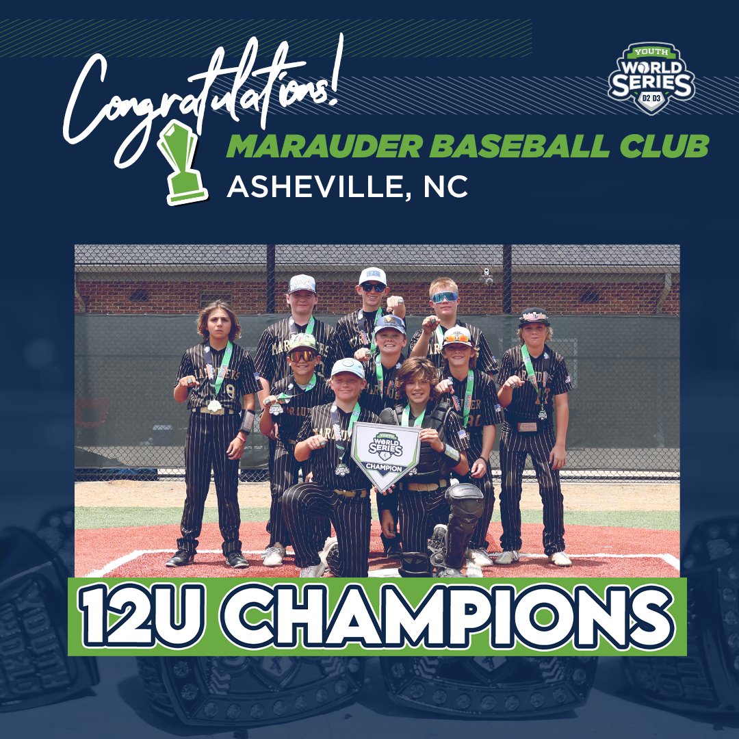 Congratulations to our 2023 Asheville Youth World Series Champions 🏆

🥇 12U Marauder Baseball Club
🥇 14U D2 Evolution Elite
🥇 14U D3 South Jersey Blue Jays

#YWS2023 #Asheville #Champions