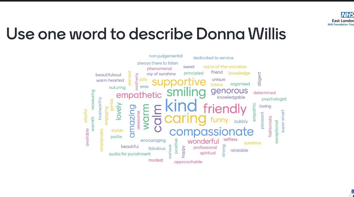 Tanyamcarter's tweet image. A great send off for  @dmlwillis , the best way P&C know how with an epic bring and share. Wishing you all the best in your endeavours. @ELFT won’t be the same without you! The team were asked for one word that describes Donna. Thank you for your service 🙏🏽