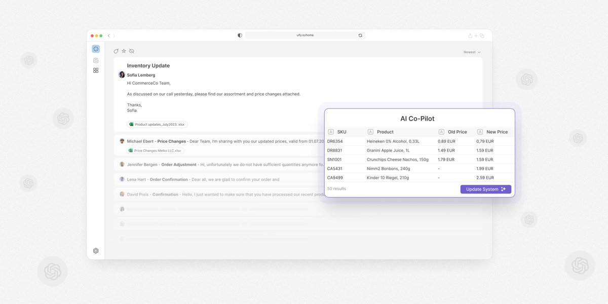 If you thought yesterday's tweet was everything Uify's OpenAI integration is capable of, you'd be wrong!

If you manage supplier relationships, this ones for you 📋

Our AI-powered copilot can processes emails &amp; attachments, update your systems, and autogenerate replies - all
