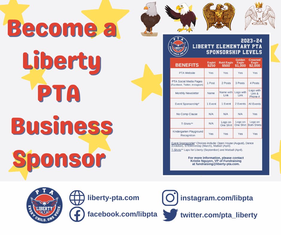 A business partnership with the Liberty PTA is a way for businesses to help achieve our mission. Business sponsorships and donations help support our young community scholars through new and improved classroom supplies, educational technology, programs/events, and so much more! https://t.co/dLjRg29xco