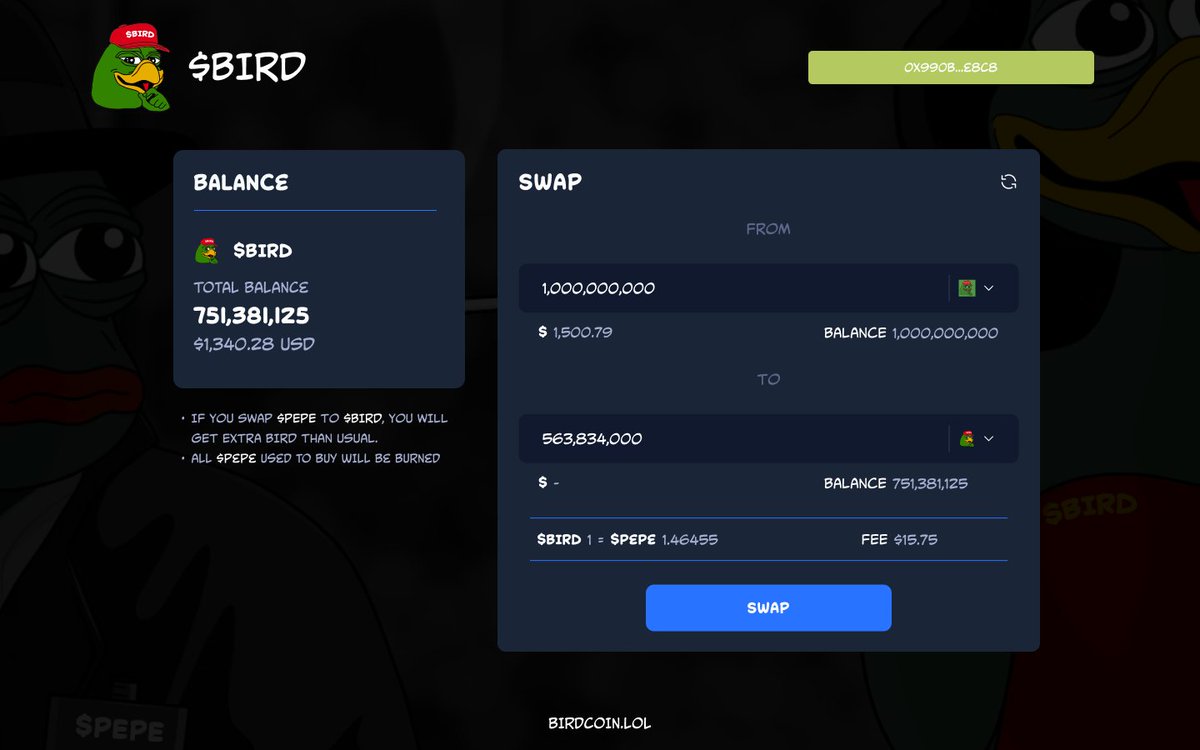 bird_ERC's tweet image. BIRDSWAP is going to be released.

If you're using $PEPE to buy $BIRD, you will get 1% extra $BIRD.
All $PEPE used to buy will be burned.
#BIRDLOVEFROG $BIRD