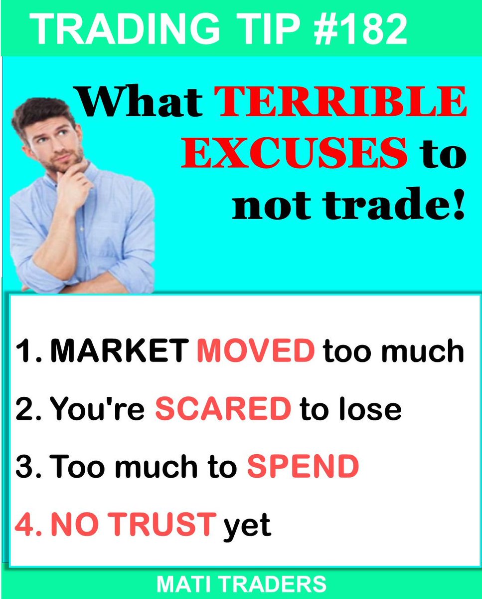 Stop the excuses and start the action!
Some common excuses I've picked up from other members are:
Market moved too much
My gut (gat) says no
My cat is distracting me
I am wired with too much coffee
It's full moon tonight
I lost my lucky coin
I'm not feeling lucky today
I'm… https://t.co/KyBt4MmcER https://t.co/QEXXCPD7K3