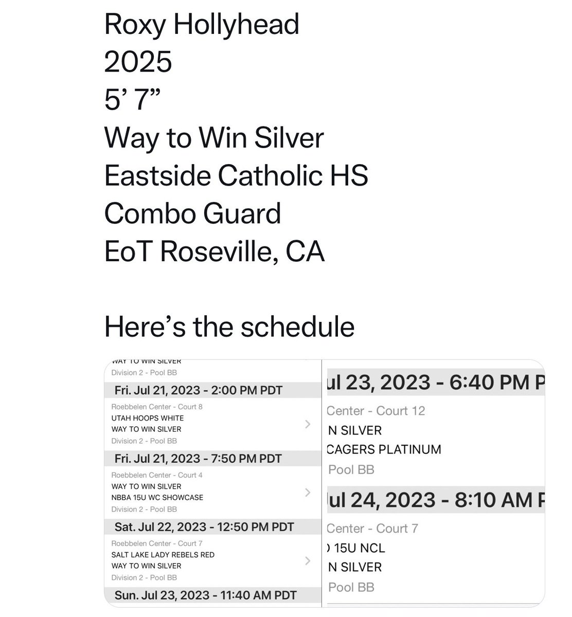 EoT Roseville tournament in CA! Last aau tournament this season, here’s our schedule!