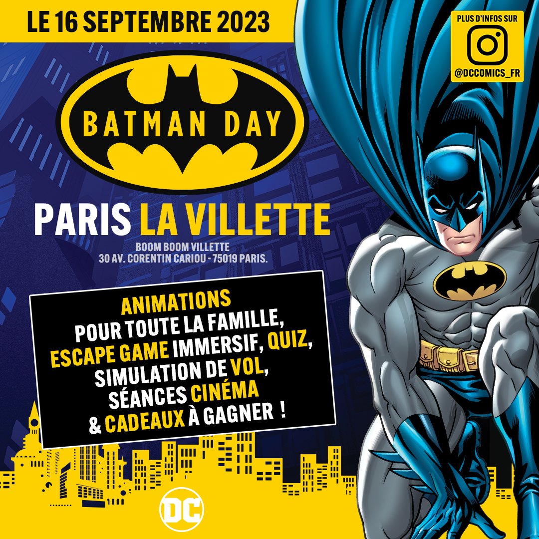 BATMAN DAY 💛 
Samedi 16 septembre RDV à Boom Boom Villette Paris avec <a href="/DCComics_FR/">DC France</a> pour une journée de festival avec de nombreuses animations et activités pour petits et grands! J'ai hâte de vous retrouver là-bas pour ce #BatmanDay bien spécial pour moi 😍  Plus d'infos soon !