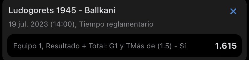 🚨 Free Pick:

🏆Champions League .

⚽️ Ludogorets vs Ballkani.

👉🏼 Ludogorets gana y +1.5 goles.

📊 Cuota: 1.61.

🧠 Apuesta con responsabilidad.

🇧🇬 El campeón de Bulgaria tiene que ganar por diferencia de 2 goles si quiere seguir en la lucha por su cupo en la Champions. 🫡