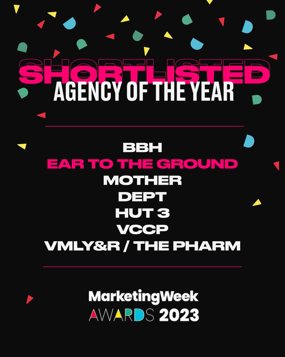 Big News 🎉

We’ve been shortlisted for Agency of the Year at the <a href="/MarketingWeekEd/">Marketing Week</a> Awards! And we’re in good company!

Congratulations to clients <a href="/Sony/">Sony</a> and <a href="/PlayStation/">PlayStation</a> for being shortlisted in the Best Use of Influencers and Best Branded Experience and Events categories!
