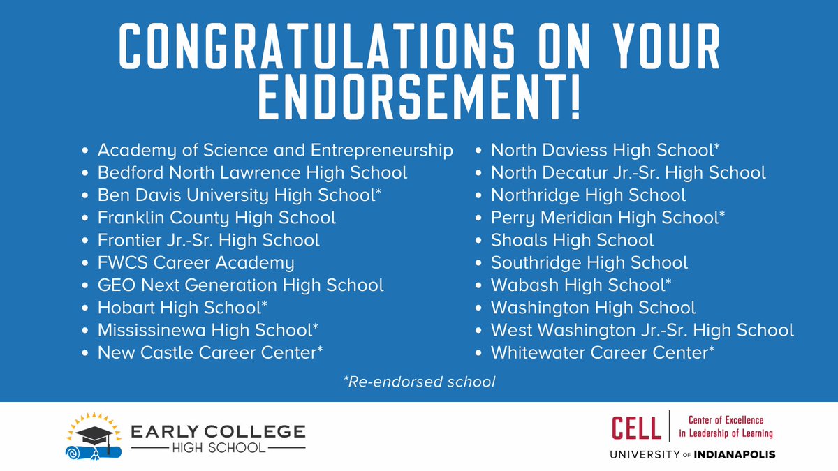 🎉 We're CELLebrating the endorsement of 20 #EarlyCollege High Schools for the 2022-2023 school year! Congratulations to 12 newly endorsed schools and 8 re-endorsed schools! See the full list of endorsed schools at cell.uindy.edu/our-work/early…. #ECHS @HigherEdIN @MCCSC_EDU