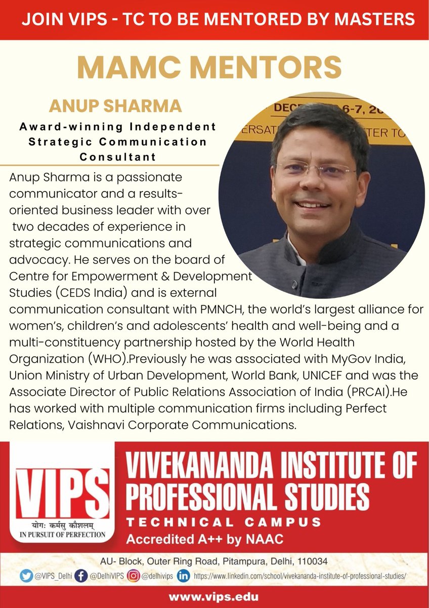 #JoinMAMC. Introducing our MAMC Mentor for VIPS-TC, Mr. Anup Sharma, an award-winning independent strategic communication consultant. Learn from the best at VIPS-TC. 

#MassCommunication #communication #UNICEF #WorldBank #AICTE #MinistryofEducation #GGSIPU #vipsdelhi #UGC #Busine
