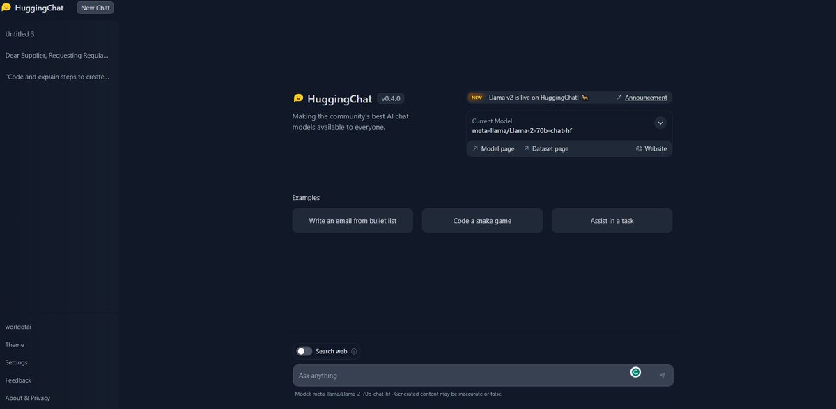 intheworldofai's tweet image. 🚨 Llama 2 is on Hugging Chat!🚨

You can now try out the 70B Chat Model on Huggingchat at huggingface.co/chat/
🧼Clean UI
 🔥 Blazing Fast!

#Llama2 #huggingchat #ML #MachineLearning