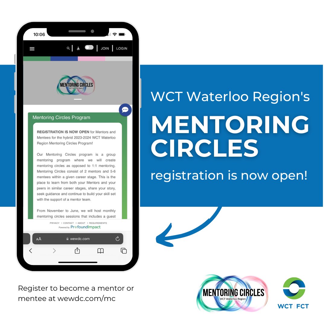Registration for the WCT Waterloo Region’s 2023/2024 Mentoring Circles is now open!⁣⁣
⁣⁣
Take advantage of this opportunity to connect with a network of professionals from similar career stages. ⁣⁣
⁣⁣
Visit bit.ly/3QLqNyi to register today!⁣⁣