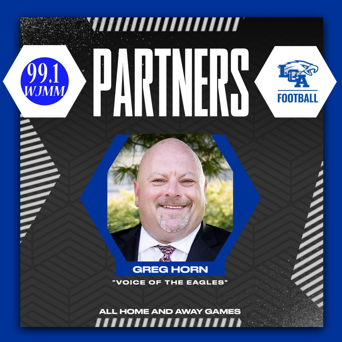 LCAathletics's tweet photo. We are proud to announce we are again partnering with @life99wjmm to broadcast ALL @lcaeaglesfb games live on the radio with @GregJHorn in his 10th season as the "Voice of the Eagles!" We are blessed to partner with this wonderful Christian station. @lcakyeagles #WeAreLCA https://t.co/LcQ2WECOWg