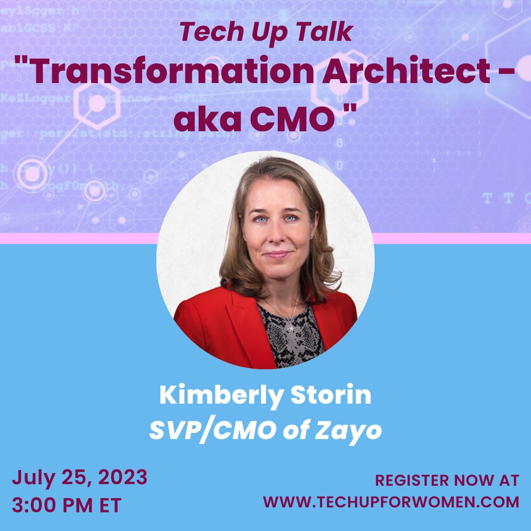 Join us this Tuesday, July 25, at 3:00 PM ET for our “Transformation Architect - aka CMO” Tech Up Talk with Kimberly Sorin, the SVP & CMO of Zayo! Register at lnkd.in/ehpcRB-w!! 💙👩‍💻#techupforwomen #womenintech #techup #techuptalks #techupforwomen #womenengineers #cmo