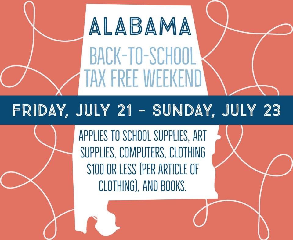 Happy Wednesday! 🍀

We want to remind our 4-H family that this weekend is Alabama's back-to-school Tax Free Weekend. The sales tax holiday begins at 12:01am on Friday, July 21, and ends at midnight on Sunday, July 23. 

Get your shopping on! #Alabamataxfree #alabama4h