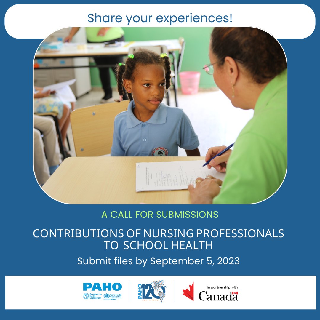 The Pan American Health Organization invites you to share your experiences for a publication about the contributions of nursing professionals to 📚 school health. 

➕ INFO: 👉 paho.org/en/news/7-7-20…