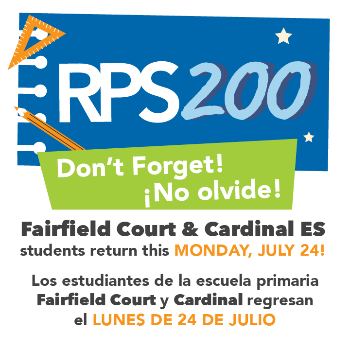 Reminder: The first day of school for students attending @CourtFairfield and Cardinal ES (our two 'RPS200' schools) is Monday, July 24. For more information, please review the full calendar available on our website. #WeAreRPS #RPS200 ow.ly/Er2U50PgkE0