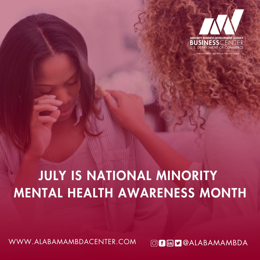AlabamaMBDA's tweet photo. July is Minority Mental Health Awareness Month in the United States, raising awareness of the unique mental health challenges faced by minorities. 

#MinorityMentalHealthAwareness #HealingCommunities #OvercomingChallenges #WellbeingForAll
@walkerslegacy https://t.co/Ek9aXa1iUM